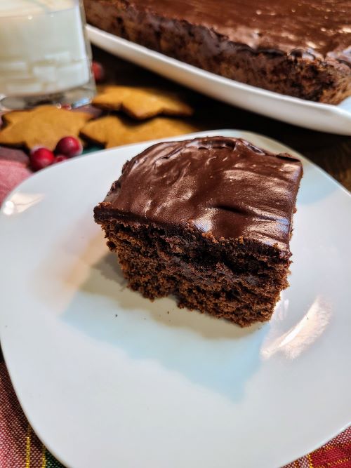 A slice of chocolate gingerbread