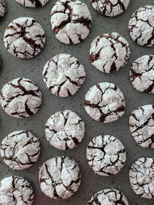 Chocolate crinkle cookies in lines