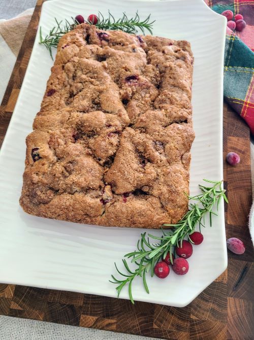 Cranberry and cardamom coffee cake ready to eat
