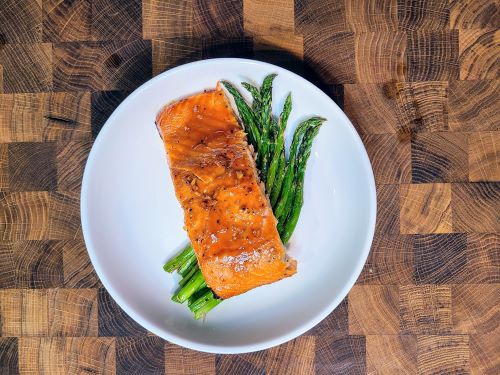 View from above of the salmon and asparagus