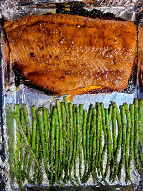 After roasting the honey glazed salmon and asparagus