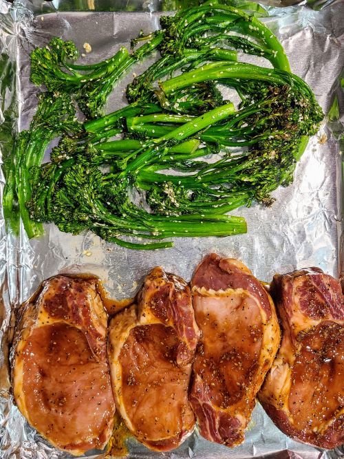 Teriyaki Pork Chop before it is cooked with broccolini