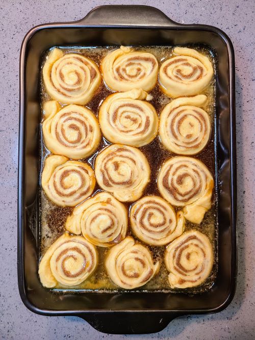 Brioche Sticky Buns just placed in the pan