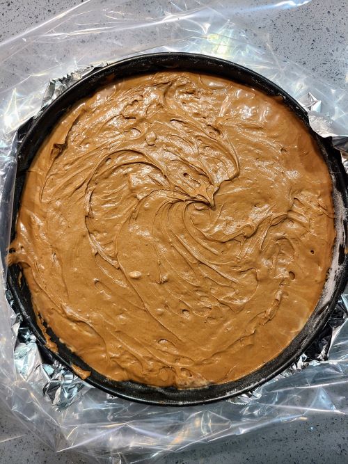Chocolate cheesecake ready for Bain Marie