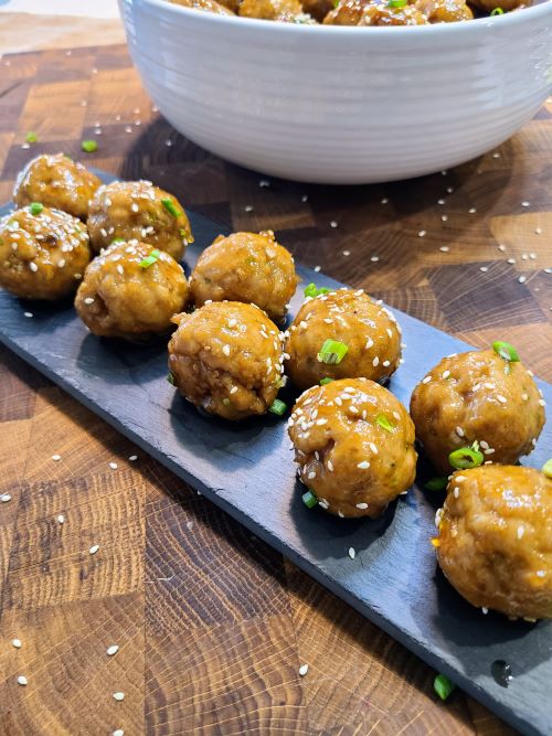 Teriyaki Meatballs on a slate plate