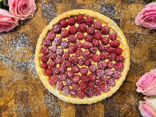 Raspberry tart and roses