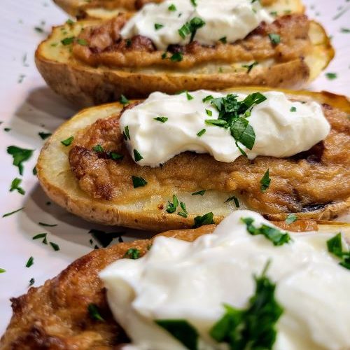 Close-up of Twice baked potatoes