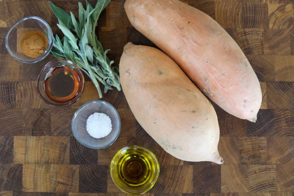 vertical view of sage sweet potato ingredients