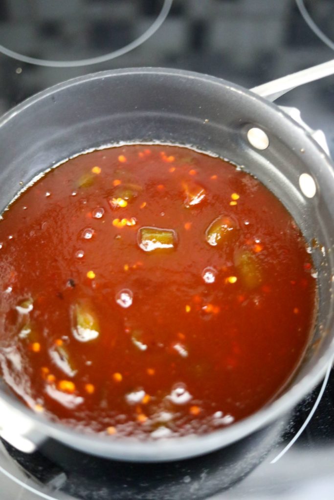 Cooked watermelon barbeque sauce in a pot