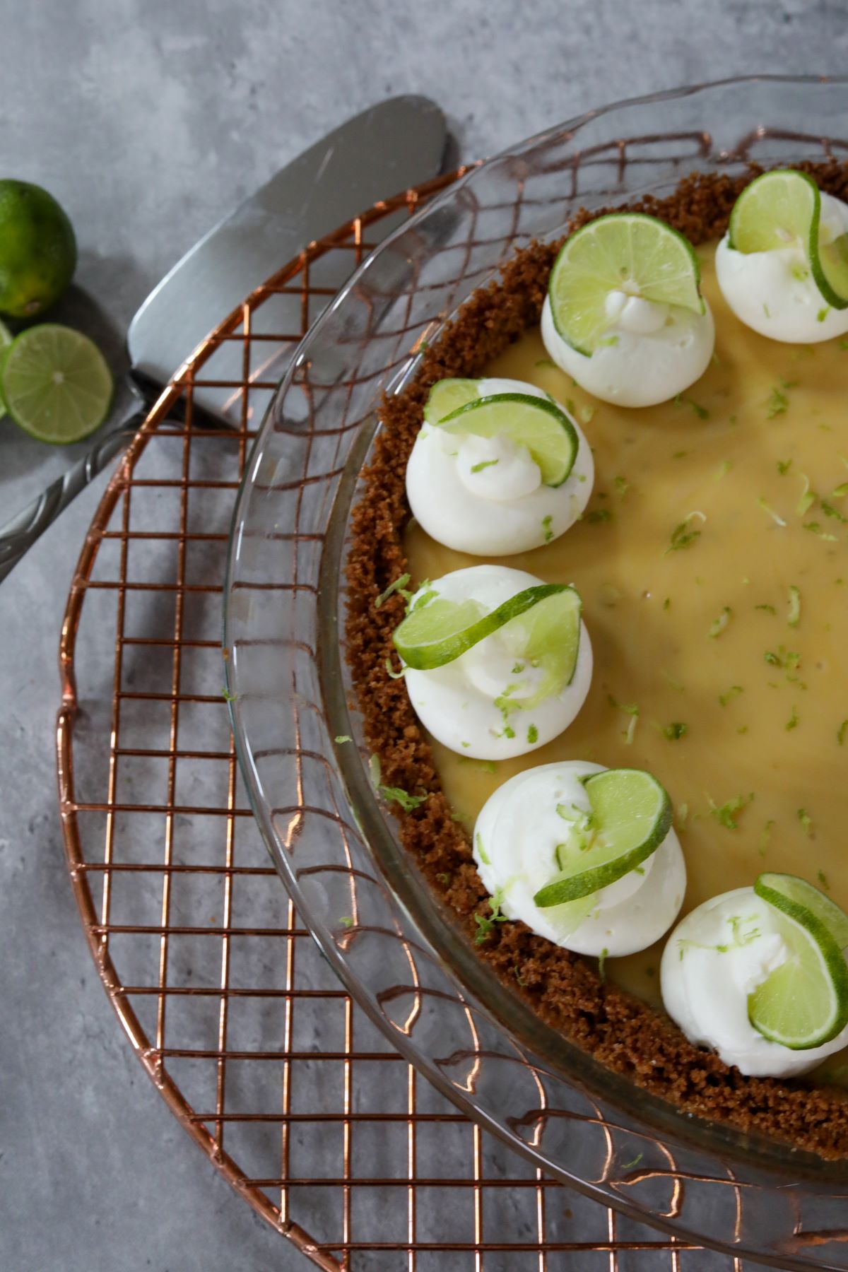 key lime pie on copper cooling rack