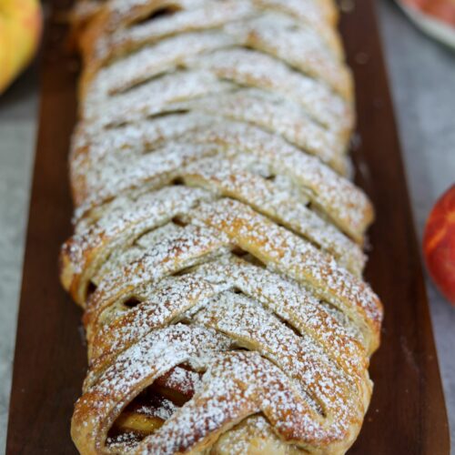 peach strudel on a serving tray