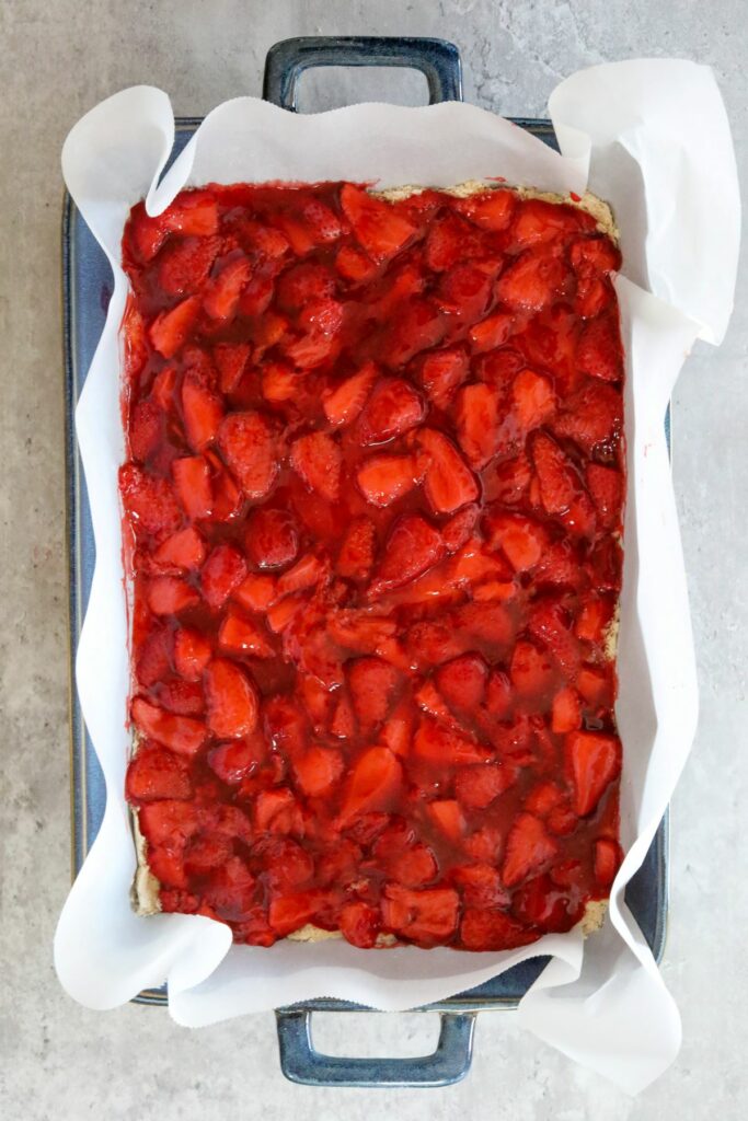 Strawberry layer in a baking dish