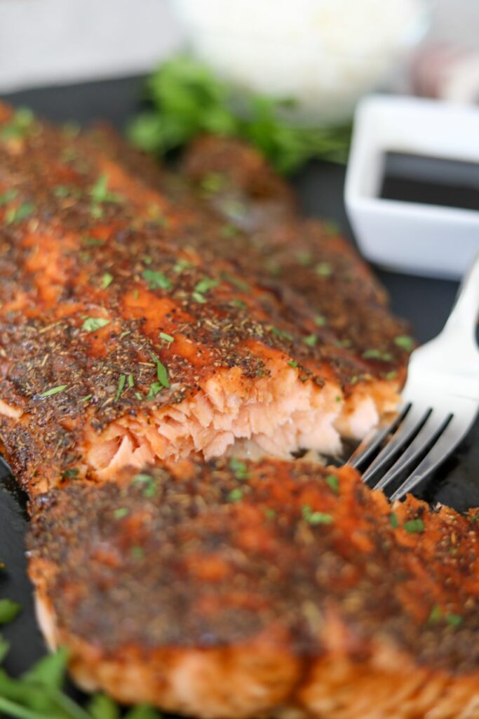 Close up of sliced baked salmon