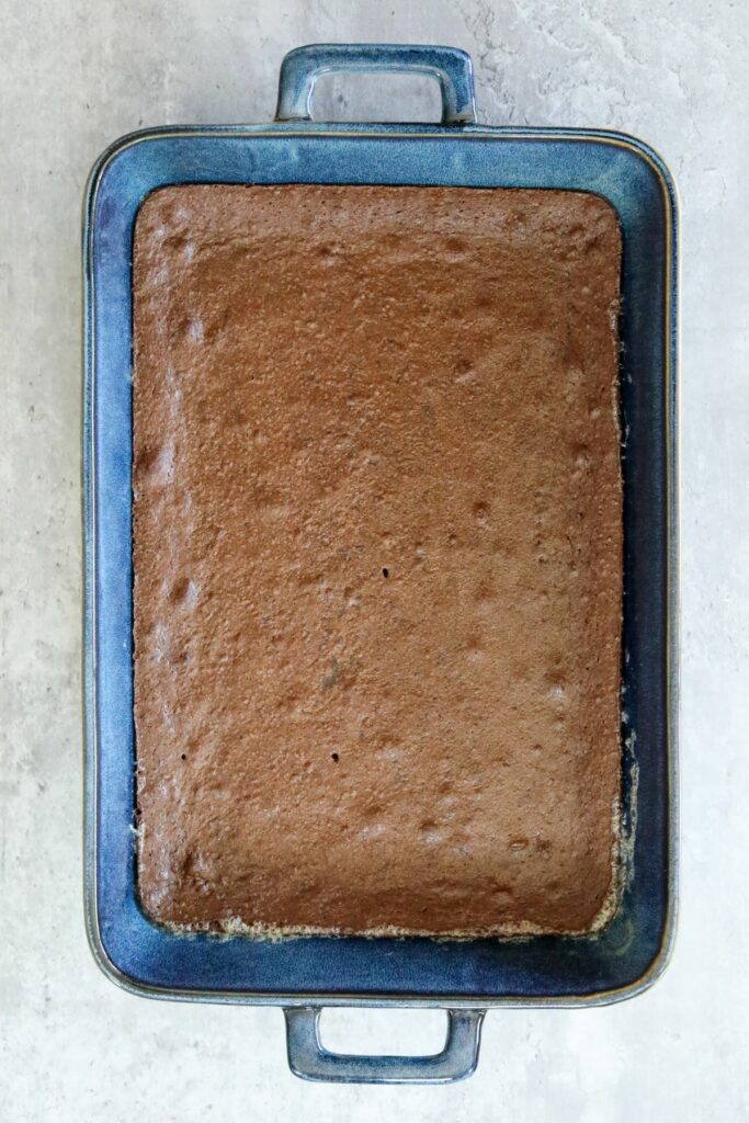 cooked brownie in a baking dish