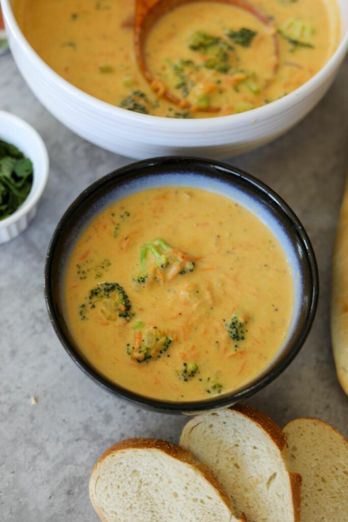 A serving of broccoli and cheddar soup
