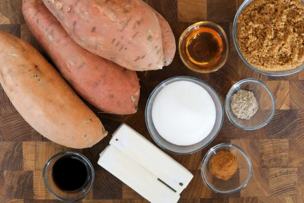 Ingredients for candied sweet potatoes on a cutting board