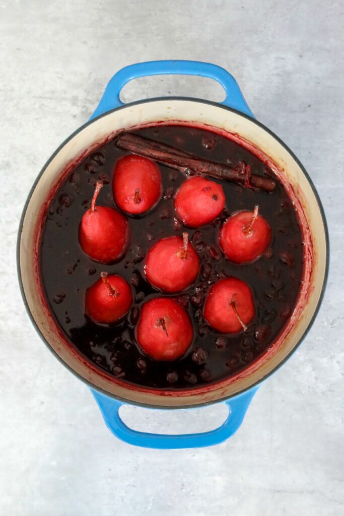 Poached pears in a Dutch oven