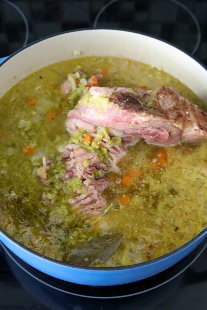 Dutch oven with cooked split pea soup