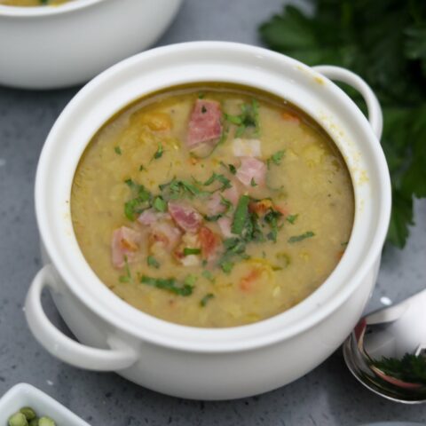 split pea soup in a white bowl