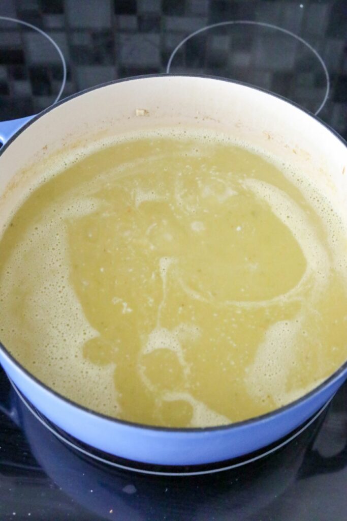 Pureed split pea soup in a Dutch oven
