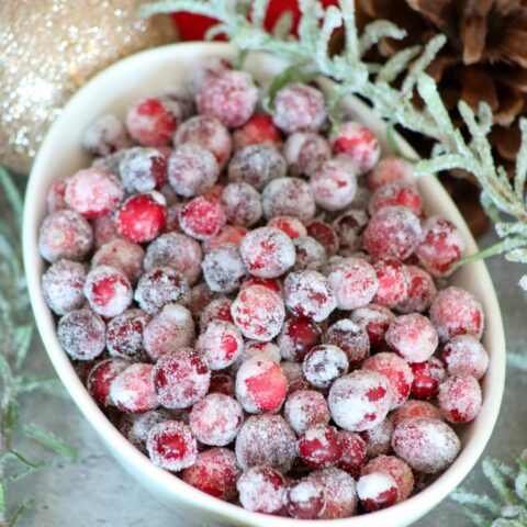 close up of a bowl of sugared cranberries