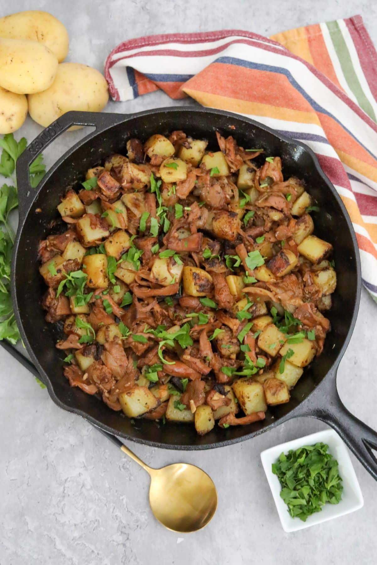 chanterelle mushrooms in a cast iron skillet