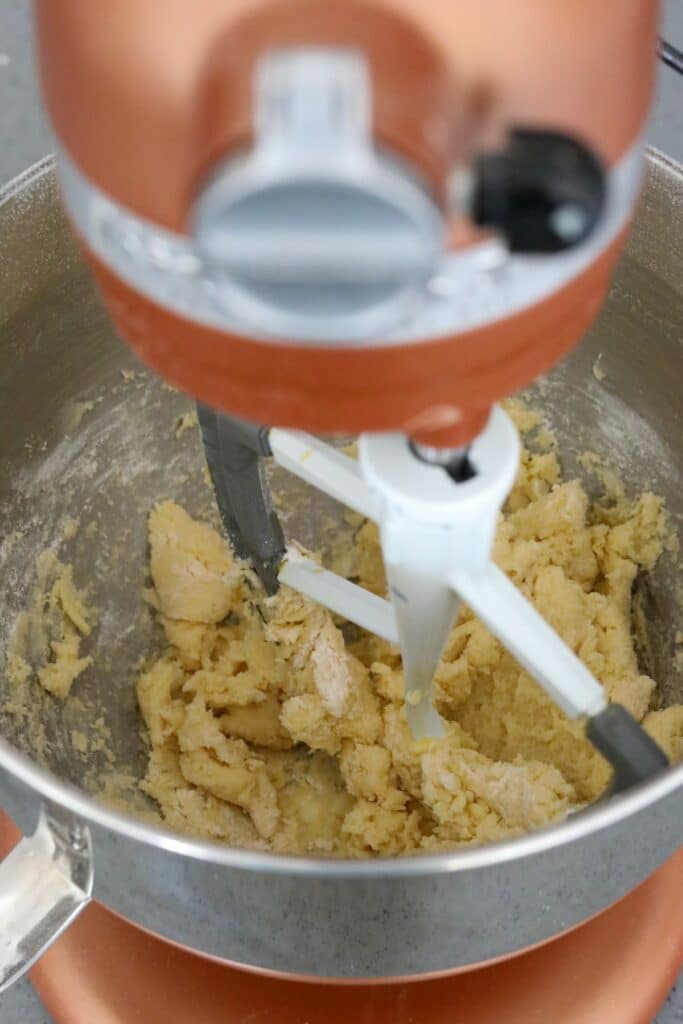 Pate sucree dough in a stand mixer