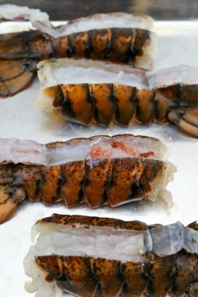 The cut section of lobster tails pulled back