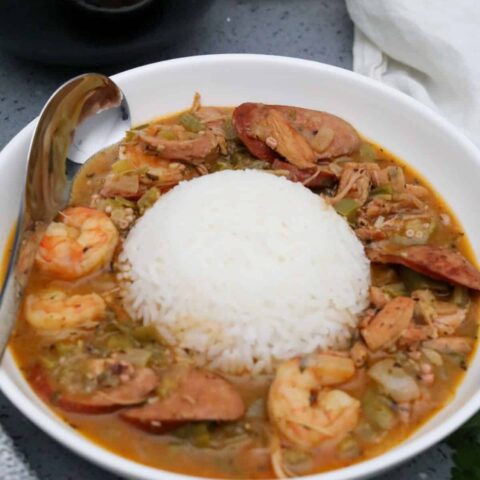 A bowl of gumbo with a mound of rice