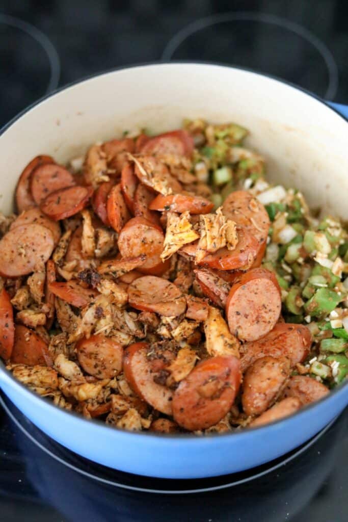 Cooked gumbo ingredients in a Dutch oven