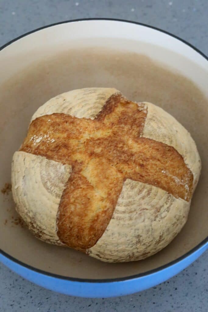 Baked French bread in a Dutch oven