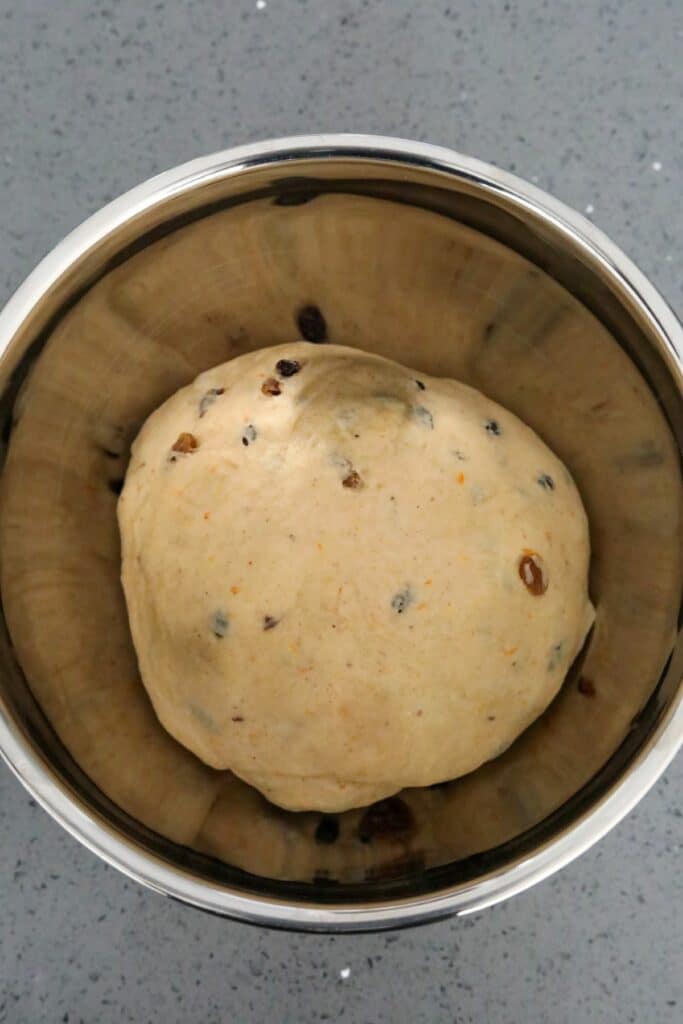 Ball of dough in a metal bowl
