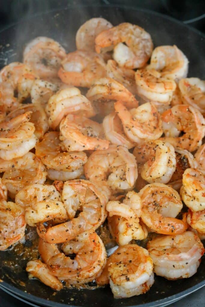 Cooked seasoned shrimp in a pan