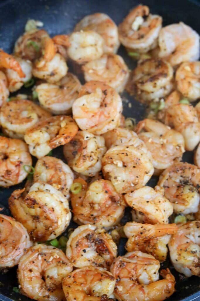 Bacon and shrimp in a pan