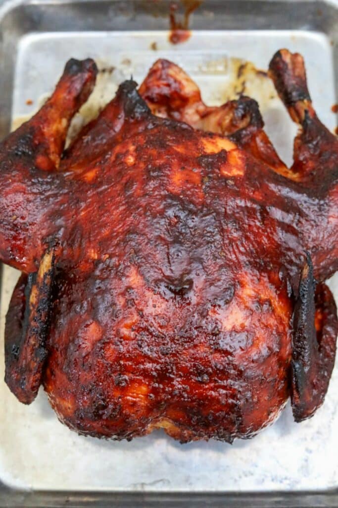 Whole chicken covered in barbecue sauce