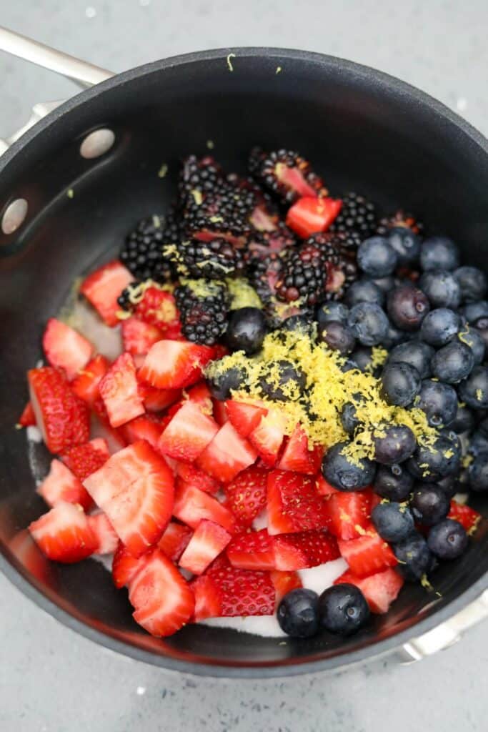 Fruit filling ingredients in a saucepan.