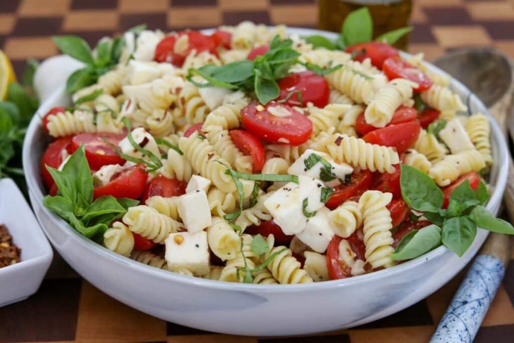 close up of Caprese pasta salad