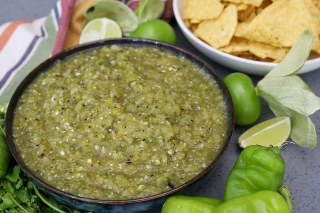 A bowl of hatch chile salsa verde
