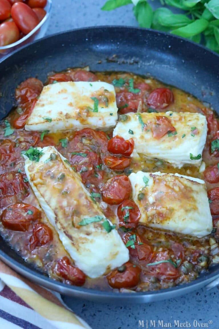 Seared halibut on tomato sauce