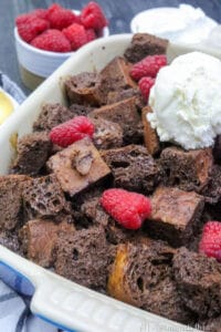 Chocolate bread pudding with raspberries and ice cream