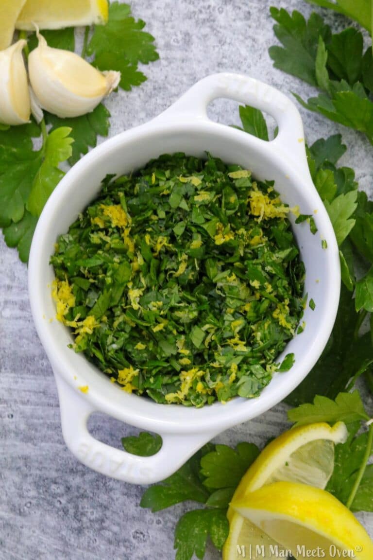 Gremolata in a white bowl