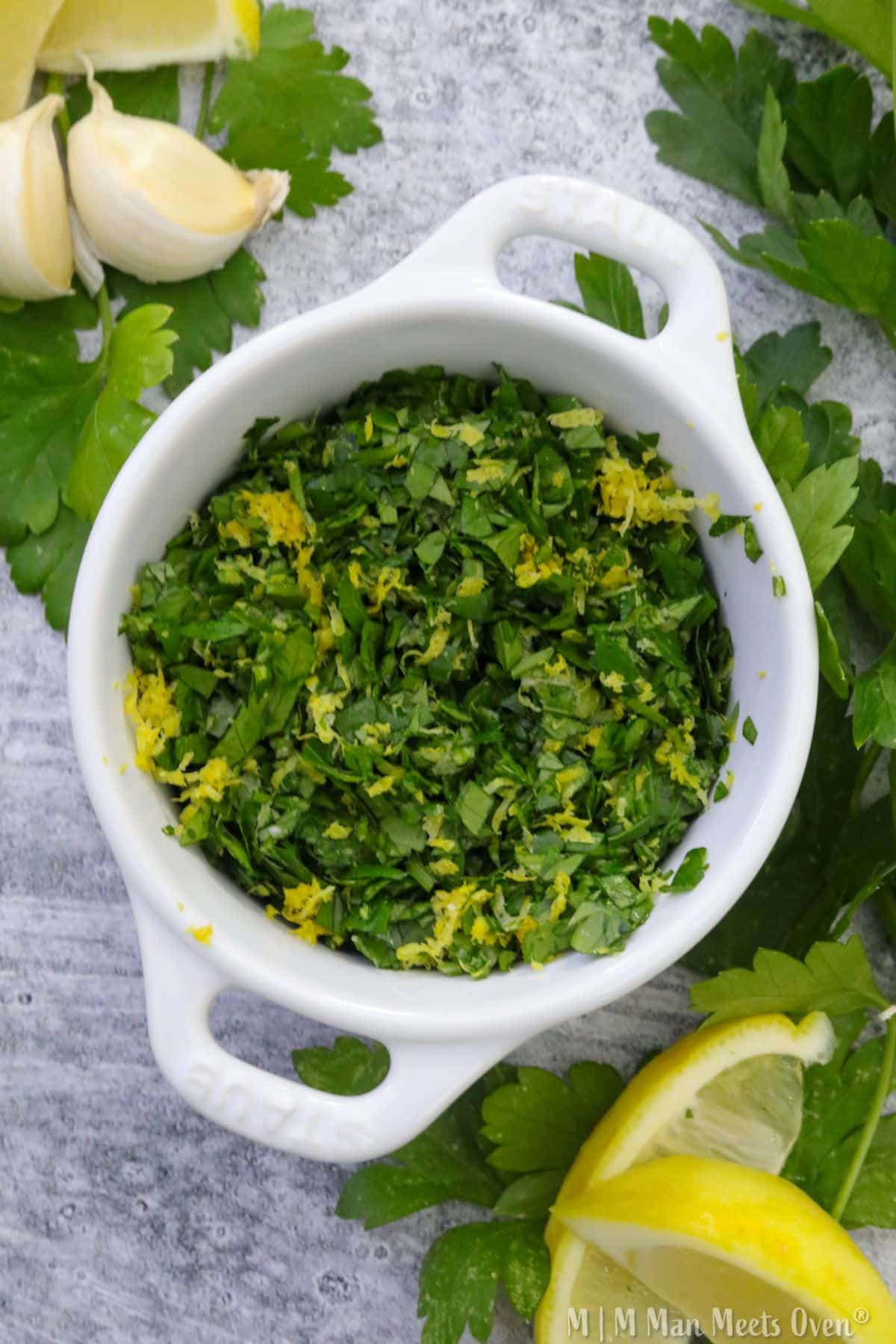 Gremolata in a white bowl