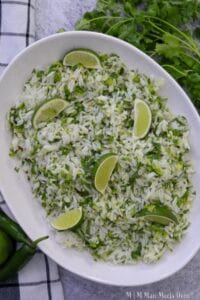 Cilantro lime rice in a white serving bowl