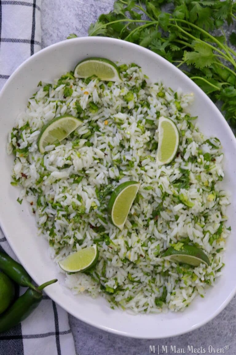 Cilantro lime rice in a white serving bowl