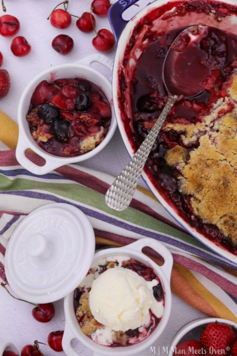 Strawberry and cherry crumble with two individual servings