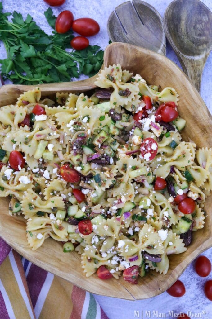 A bowl of mediterranean pasta salad