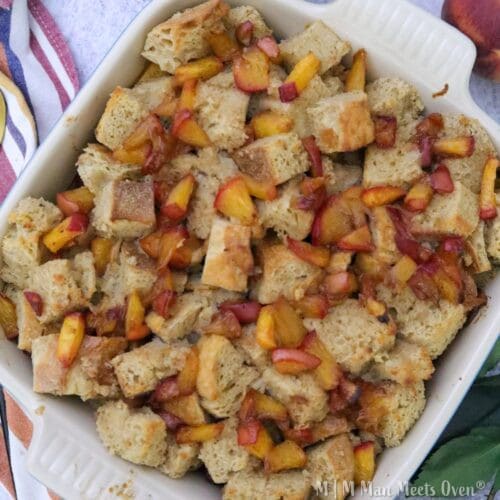 Peach cobbler bread pudding ready to eat