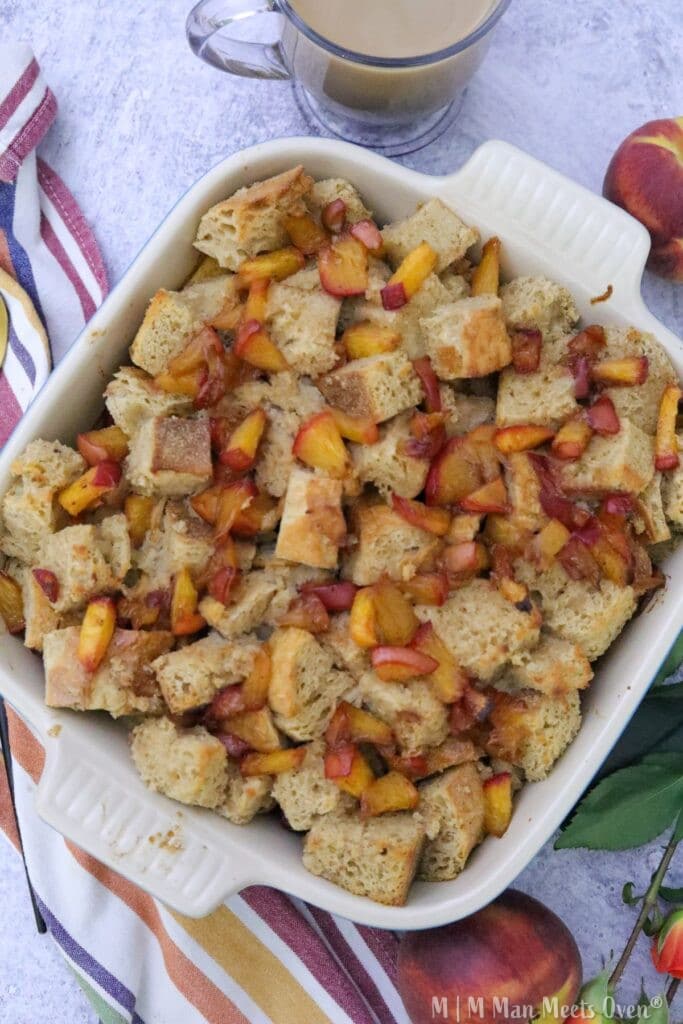 Peach cobbler bread pudding ready to eat