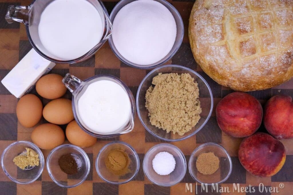 Ingredients for peach cobbler bread pudding