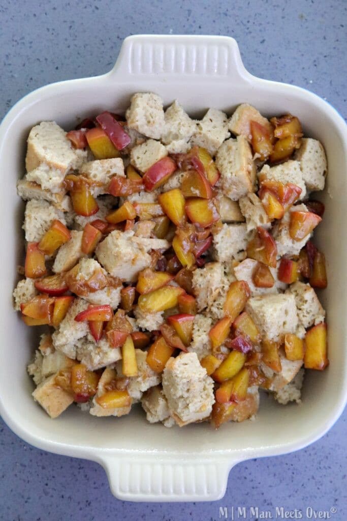 Cubed bread with peach topping.